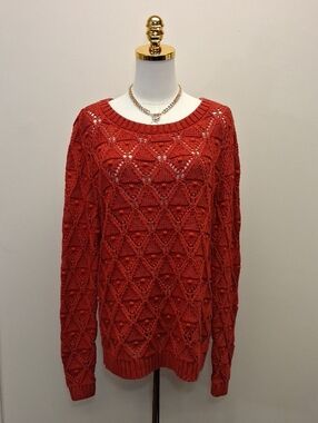 Women's Open Knit Crewneck Sweater - Red